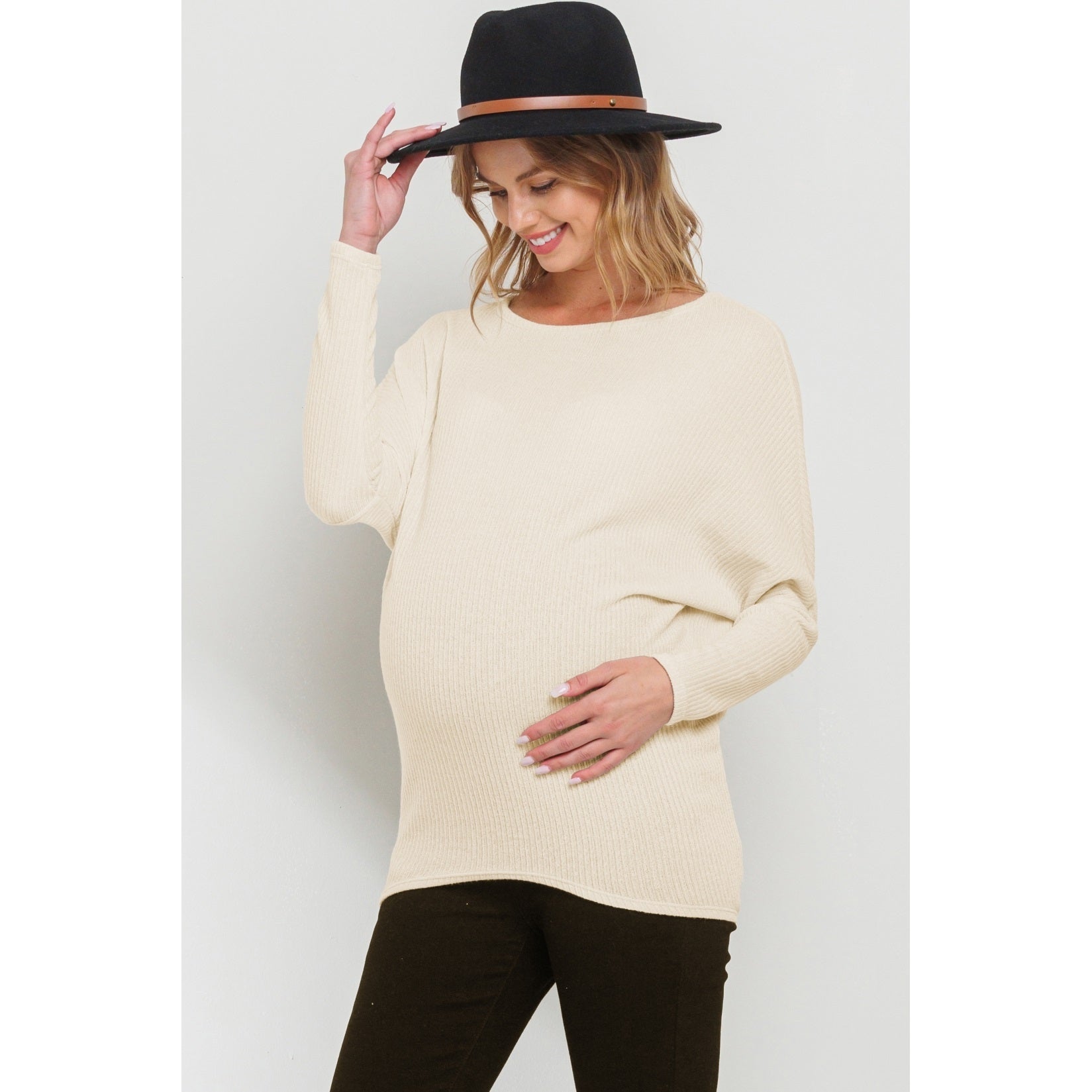 Cream colored boat neck maternity sweater Nestled Up Maternity